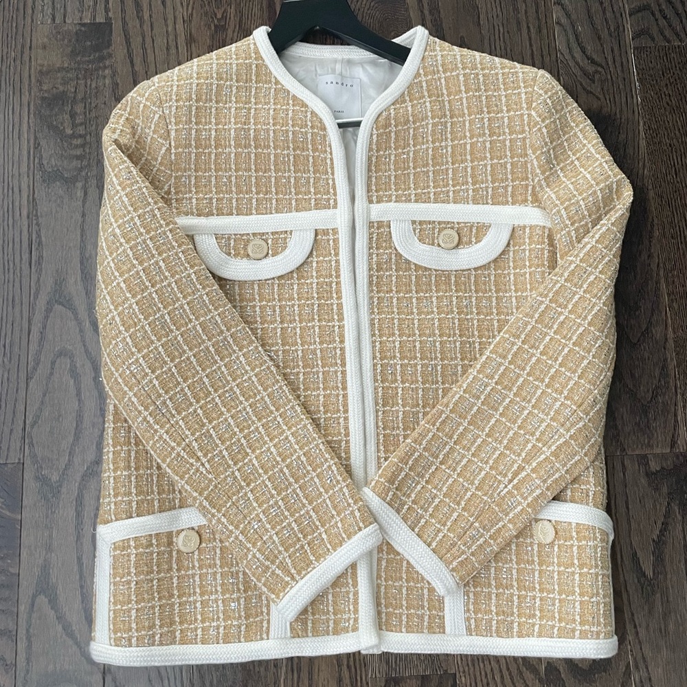 NEW Sandro Beige, White, and Metallic Tweed Cardigan Jacket Size 40 EU